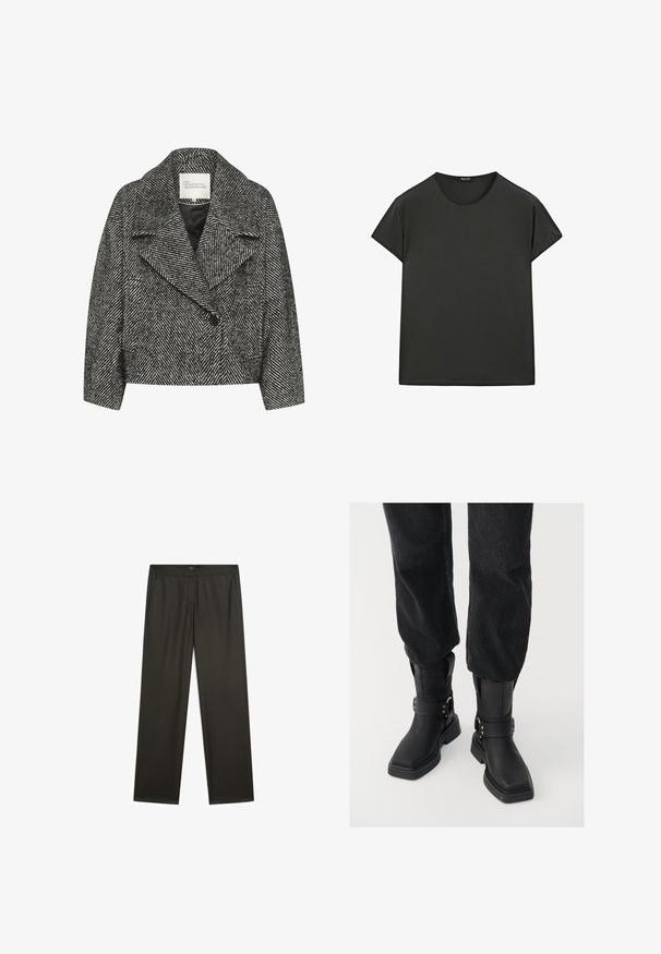 Sort og hvid chevronmønstret cropped jakke med bred krave, enkelt knaplukning og to sidelommer. Glat stofmed en blød tekstur.; Sort kortærmet T-shirt lavet af blødt stof, med rund halsudskæring og en afslappet pasform, præget af rene, enkle linjer og uden mønstre.; Mørkegrønne, vide bukser med en glat tekstur, elastisk talje og sidelommer. Simpelt design uden synlige mønstre eller metaldele.; Sorte læder ankelstøvler med firkantet tå, der har en bred rem og metallisk spænde detalje. Støvlerne har en chunky sål og en glat overflade.
