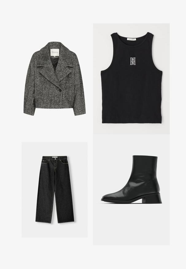 Palton scurt cu model în herringbone alb-negru, cu rever lat, închidere cu un singur nasture și două buzunare laterale. Textură de țesătură netedă.; Top de tip tank black cu farfurie rotundă, având un logo brodat alb. Materialul are o textură netedă și o formă ajustată.; Blugi largi din denim negru, cu cinci buzunare, închidere cu buton metalic și fermoar, și cusături galbene contrastante de-a lungul cusăturilor.; Cizma neagră până la gleznă, din piele lucioasă, cu un design elegant, vârf ascuțit și un toc bloc moderat pentru stabilitate.