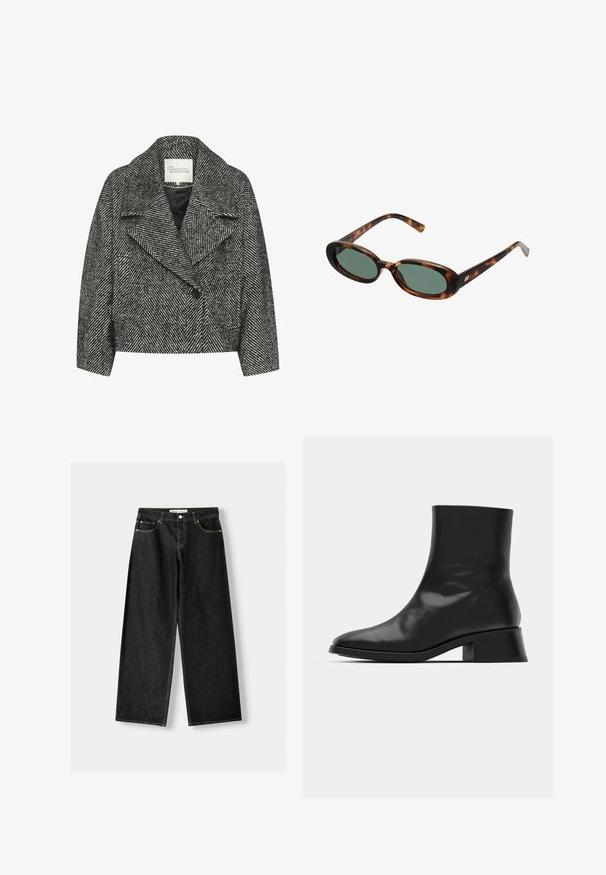 Črno-bela plašč s herringbone vzorcem, skrajšan kroj, širok ovratnik, zapiranje z enim gumbom in dvema stranskima žepoma. Gladka tekstura tkanine.; Črna rebrasta majica brez rokavov z okroglim izrezom in vezenim logotipom v beli barvi. Tkanina ima gladko teksturo in prilagojeno obliko.; Črne široke jeans hlače iz denima vključno s petimi žepi, kovinsko gumbo in zadrgo ter kontrastnimi rumenimi šivi ob šivih.; Črne gležnjarje iz sijoče usnjene kože odlikuje eleganten dizajn, usnjena konica in zmeren blok peto za stabilnost.; Žirafne sončna očala z ovalnimi okvirji in zelenimi lečami. Imajo tanke ročice z metalnim poudarkom blizu tečajev.