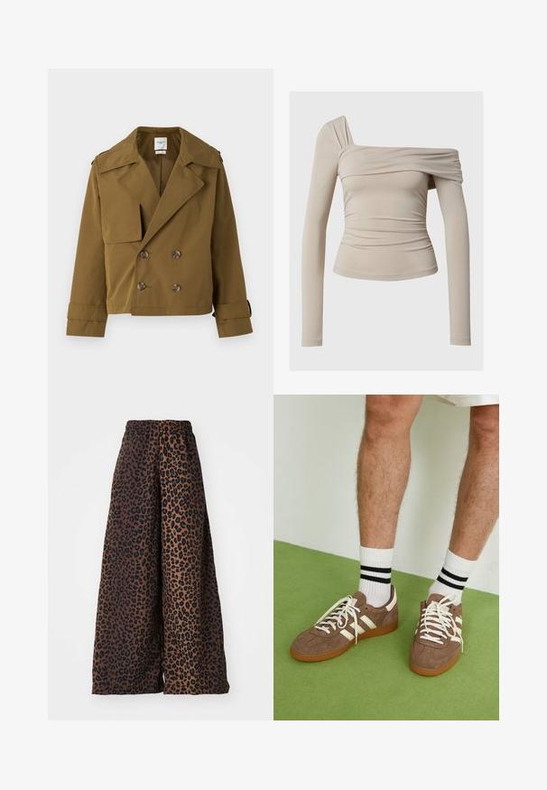 Smeđa skraćena dvostruka trench jakna od glatkog materijala. Ima veliki ovratnik, dva prednja džepa i smeđe gumbe.; Bež majica dugih rukava s dizajnom off-the-shoulder, s nabranom teksturom i prianjajućim siluetom. Glatka, rastezljiva tkanina.; Hlače širokog kroja od glatke tkanine, s smešnim pozadinom i uzorkom crnih leopardovih mrlja, te elastičnim pojasom.; Smeđe nubuk tenisice s bijelim detaljima i vezicama. Gumeni potplat. Nosene s bijelim čarapama s crnim prugama. Zeleno teksturirano pod.