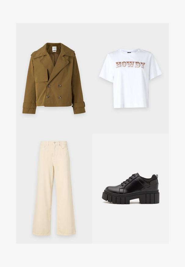 Burgundijas krāsas īss dubultā jaku mētelis, izgatavots no gludas auduma. Iespējas ir liels apkakle, divas priekšējās kabatas un brūnas pogas.; Balta kokvilnas T-kreklā ar īsām piedurknēm un apaļu kaklu, uz kura priekšpuses ir rakstīts "HOWDY" stilizētā brūnā fontā.; Bežīgas platpēdas džinses, izgatavotas no kokvilnas. Iekļauj pogu aizdari, jostas cilpas un priekšējos kabatas ar gludu, mīkstu tekstūru.; Melnas ādas platformas kurpes ar masīvu bloku papēdi, apaļu purngalu un tradicionālu saistīšanas dizainu. Izceļas ar gludu tekstūru un minimālu apdari.