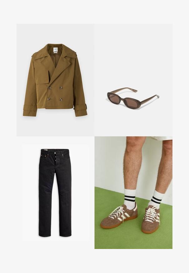 Hnědý zkrácený kabát s dvojitým zapínáním vyrobený z hladkého materiálu. Má velký límec, dvě přední kapsy a hnědé knoflíky.; Bílé bavlněné tričko s krátkými rukávy, kulatým výstřihem a hladkou texturou. Zadní strana je jednoduchá bez dalších vzorů nebo designů.; Černé džíny z denimu se rovný střihem, designem s pěti kapsami a zapínáním na knoflík. Obsahují měděné nýty a švy jako akcenty.; Hnědé semišové tenisky s bílými akcenty a tkaničkami. Gumová podrážka. Nošeny s bílými ponožkami s černými pruhy. Zelená strukturovaná podlaha.; Hnědé oválné sluneční brýle s tmavými skly. Rámeček je z průhledného hnědého materiálu a má na stranách potisk s logem.