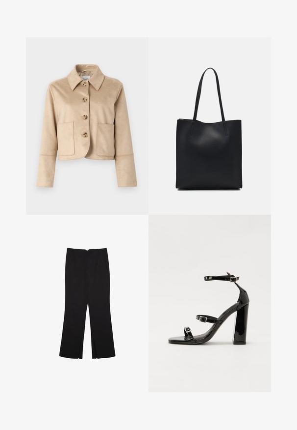 Veste beige cropped en tissu doux et texturé avec un col, quatre fermetures à boutons à l'avant et deux poches avant.; Top sans manches noir en tissu lisse, avec un col rond et une coupe ajustée, sans motifs ni ornements apparents.; Pantalon noir avec une coupe droite, doté de poches avant et d'éclairs sur l'ourlet. Fabriqué en tissu doux et lisse. Convient à diverses occasions.; Sandales à talons vernies noires avec un bout carré, des sangles autour de la cheville et des boucles en argent. Dotées d'un talon bloc épais pour plus de stabilité.; Sac fourre-tout en cuir noir avec une texture lisse, de forme rectangulaire et deux longues poignées. Pas de matériel ou d'ornementations visibles.