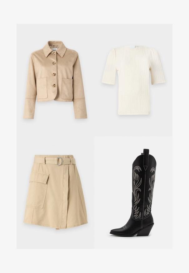 Veste beige cropped en tissu doux et texturé avec un col, quatre fermetures à boutons à l'avant et deux poches avant.; Blouse à manches courtes de couleur crème avec un motif texturé en vagues. Encolure ronde et détails de fronces subtils aux manches. Tissu léger.; Jupe en coton beige avec une poche latérale, taille ceinturée avec un anneau argenté, et une légère silhouette en A. Texture lisse et design simple.; Bottes de cowboy noires en cuir avec des pointes effilées, des talons compensés et des motifs floraux brodés en argent le long du tige. Couture contrastante sur l'ensemble.