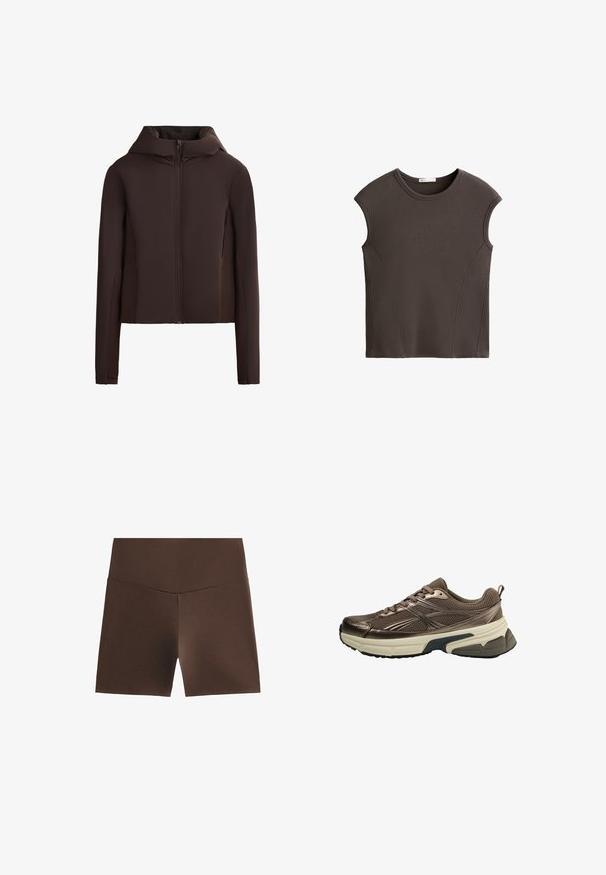 Braune Zip-Jacke mit Kapuze, die eine glatte Textur, lange Ärmel und seitliche Taschen aufweist; für eine eng anliegende Passform entworfen.; Dunkelbraunes, ärmelloses Top aus geripptem Stoff mit geschwungenen Nähten und rundem Ausschnitt. Glatte Textur mit minimalen Details.; Braune Sportshorts mit hohem Bund, aus dehnbarem Material gefertigt, mit glatter Textur und einfachem Design ohne Muster.; Brauner Sportschuh mit Mesh-Obermaterial, metallischen Akzenten, dicker weißer Zwischensohle und strukturiertem schwarzen Sohle. Verfügt über Schnürsenkel und eine Zuglasche.