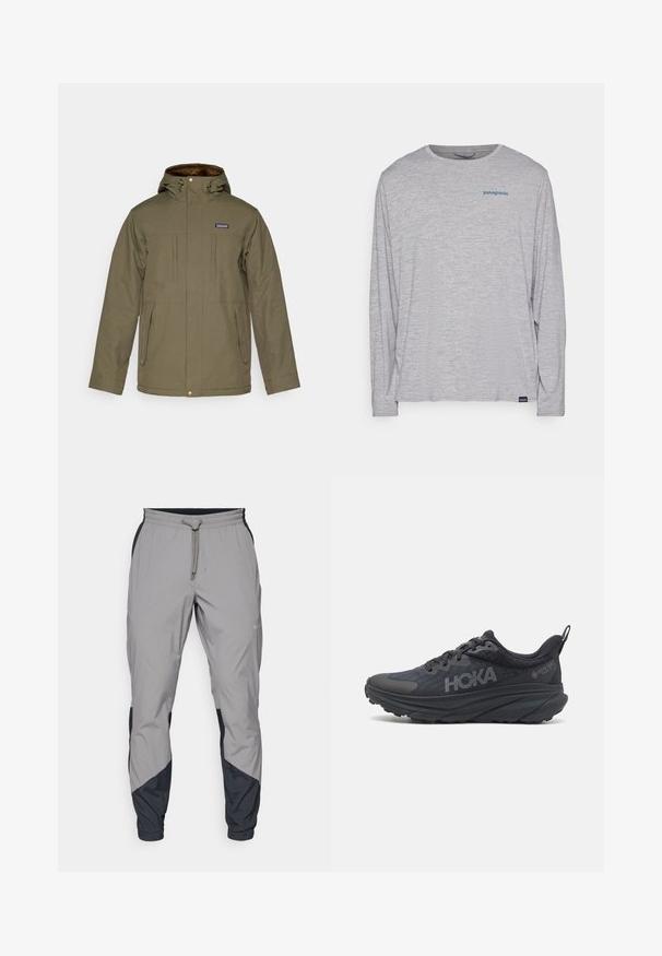 Olivovo zelená zimná bunda s kapucňou, dvoma prsnými vreckami a dvoma bočnými vreckami. Materiál vyzerá textúrovane; vo vnútri je podšitá hnedým chlpovým materiálom.; Svetlošedé tričko s dlhým rukávom vyrobené z mäkkého, textúrovaného materiálu. Obsahuje okrúhly výstrih a malú modrú Patagonia logo na hrudi.; Ľahké, šedé športové nohavice s čiernymi akcentmi. Elastický pás, sťahovanie pomocou šnúrky, zúžený strih nohavíc a bočné vrecká.; Čierne bežecké topánky Hoka s vrchným materiálom z mesh, textúrovanými detailmi a hrubou, polstrovanou podrážkou so zúženými okrajmi pre lepšiu podporu.