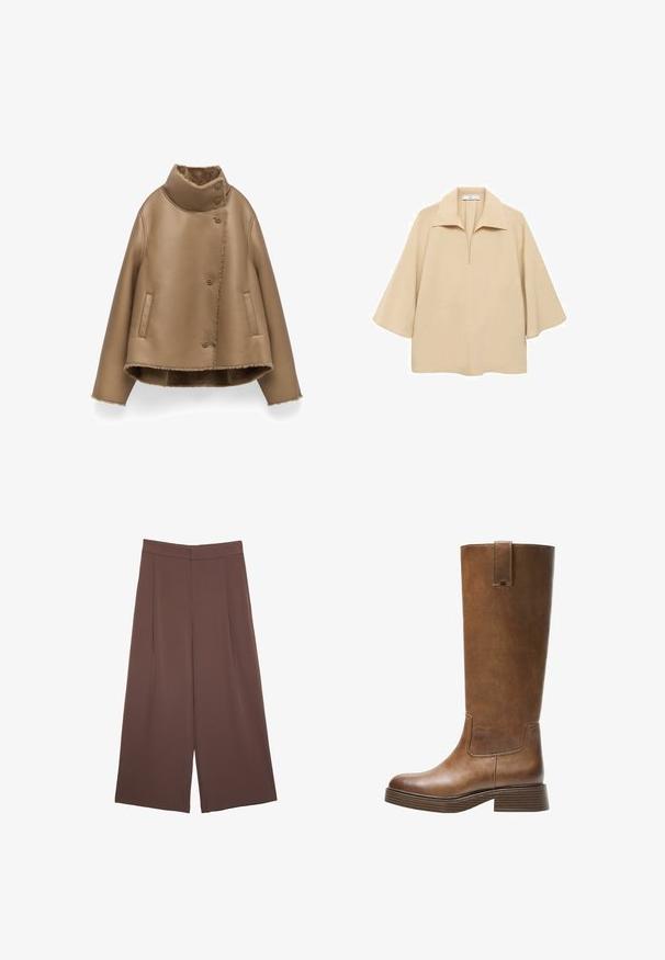 Braune Lederjacke mit hohem Kragen, Knopfverschluss und seitlichen Taschen. Das Innere ist mit einem weichen, strukturierten Futter versehen.; Beige Bluse aus leichtem Stoff, mit weitem Kragen, halbem Knopfverschluss und halblangen Ärmeln in lockerer Passform.; Braune Weite-Leg-Hosen mit einer glatten Textur, hoher Taille und Vorderfalten. Der Stoff ist leicht und fällt locker.; Braunes Leder-Knöchelhochstiefel mit abgerundetem Zeh, strukturiertem Obermaterial und niedrigem, gestapeltem Absatz. Verfügt über ein seitliches Einsätzen und eine Ziehschlaufe an der Oberseite.