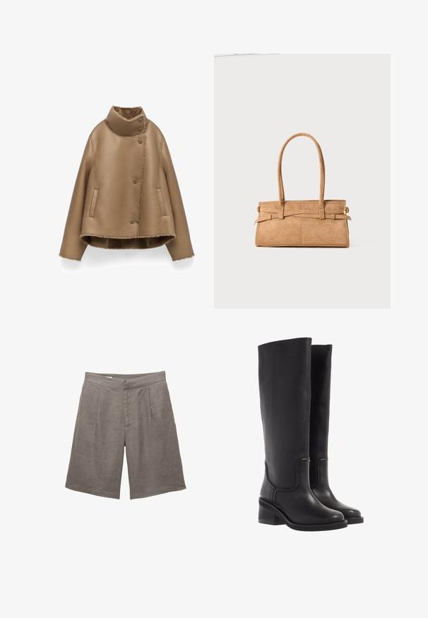 Brązowa skórzana kurtka z wysokim kołnierzem, zapięciem na guziki i bocznymi kieszeniami. Wnętrze pokryte jest miękką, teksturowaną podszewką.; Brązowa bluzka z długim rękawem wykonana z miękkiego, elastycznego materiału, z okrągłym dekoltem i luźnym krojem, charakteryzująca się gładką fakturą i minimalnym zdobieniem.; Szare lniane szorty o luźnym kroju, z płaskim przodem, dwoma plisami z przodu i kieszeniami bocznymi. Gładka tekstura bez widocznych wzorów.; Czarne skórzane kozaki do kolan o gładkiej fakturze, zaokrąglonym nosku i masywnym obcasie. Posiadają subtelne przeszycia i elegancki kształt.; Torebka z brązowego zamszu z dwoma długimi uchwytami, prostokątnym kształtem i dekoracyjnym przeszyciem. Posiada boczny pasek oraz subtelne akcenty w kolorze złotym.