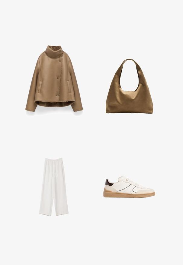 Brązowa skórzana kurtka z wysokim kołnierzem, zapięciem na guziki i bocznymi kieszeniami. Wnętrze pokryte jest miękką, teksturowaną podszewką.; Biała koszulka z krótkim rękawem, wykonana z bawełny. Posiada okrągły dekolt i luźny krój. Gładka faktura bez widocznych wzorów czy akcentów.; Białe spodnie o szerokich nogawkach wykonane z lekkiego materiału. Posiadają elastyczny pas z sznurkiem i boczne kieszenie. Gładka tekstura.; Stradivarius - Sneakersy niskie; Brązowa torba na ramię z szerokim, zaokrąglonym kształtem i dużym wyciętym uchwytem. Miękka tekstura, minimalistyczny design i brak widocznych elementów metalowych.