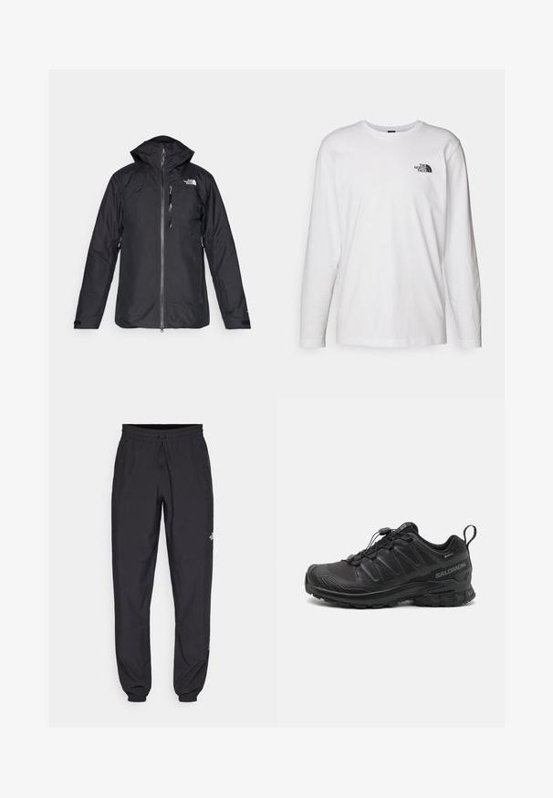 Musta vedenpitävä takki hupulla, täyspitkällä vetskarilla ja verkkovuorilla. Rinnassa logo ja säädettävät hihansuut. Yksinkertainen muotoilu.; Valkoinen pitkähihaisen T-paita, joka on valmistettu puuvillasta ja jossa on pyöreä kaula-aukko. Rintamuksessa on pieni musta logo. Sileä kangas, normaali malli.; Mustat urheiluhousut, jotka on valmistettu kevyestä kankaasta. Housuissa on naru vyötäröllä, sivutaskut ja kapenevat hihnat nilkoissa.; Musta urheilukenkä, jossa on teksturoitu synteettinen päällinen, pehmustettu pohja ja nopea nauhoitusjärjestelmä. Varustettu vahvistetulla varpaalla ja kantapäällä.