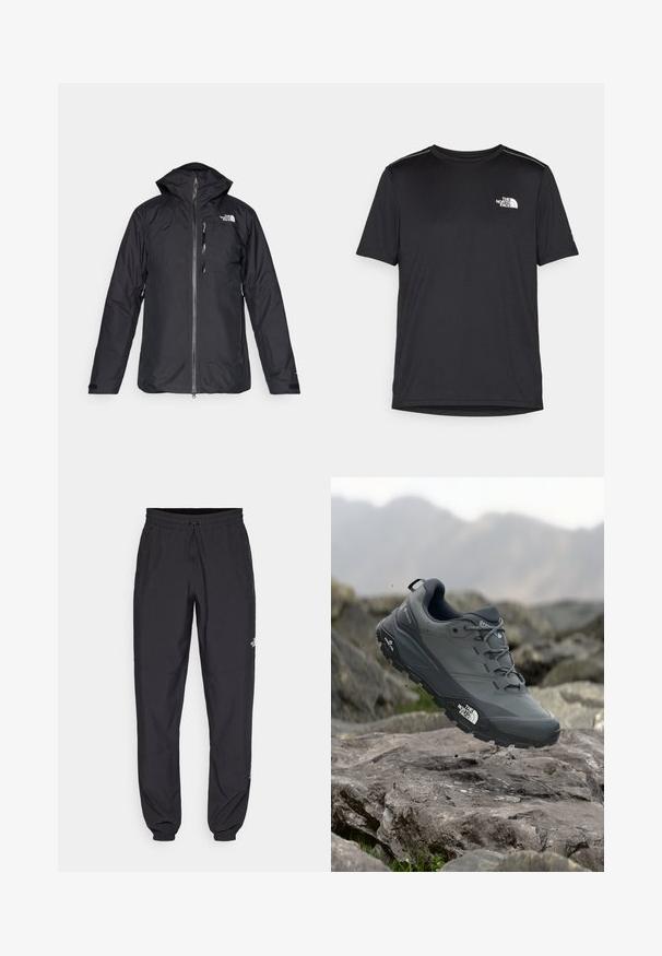 Casaco impermeável preto com capuz, fecho de correr de comprimento total e forro em malha. Apresenta o logótipo no peito e punhos ajustáveis. Design simples.; T-shirt preto de manga curta feito de um tecido leve. Apresenta um pequeno logo branco ao lado esquerdo do peito e detalhes subtis nos ombros.; Calças atléticas pretas feitas de tecido leve, com um cós ajustável por cordão, bolsos laterais e punhos afunilados nos tornozelos.; Sapatilha de corrida em trilhos cinza com um cabedal texturizado, sola de borracha durável e ponteira reforçada. Apresenta atacadores e o logótipo da marca de lado.