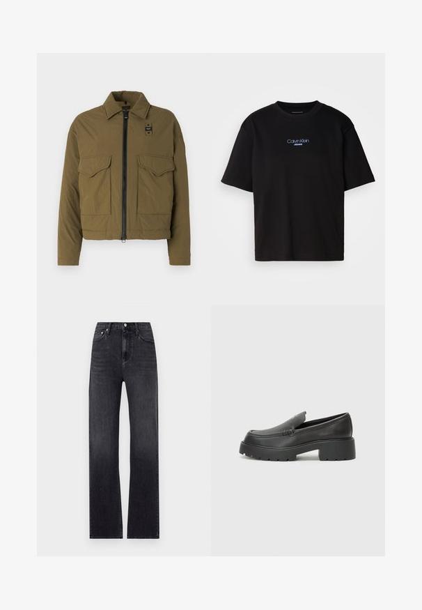 Olivno zelena skrajšana jakna iz lahkega materiala, z zadrgo spredaj, dvema žepoma na prsih in koničastim ovratnikom.; Črna bombažna majica s krožnim izrezom, kratkimi rokavi in modrim vezenim logotipom "Calvin Klein JEANS" na sprednji strani.; Črne hlače ravnega kroja iz denima, z visokim pasom, petimi žepi in zadrgo s gumbom. Rahlo izbledela pranja.; Črne usnjene loafers čevlje z zaobljenim nosom, debelim teksturiranim podplatom in minimalnimi šivi. Elegantna zasnova brez vidnih vezalk ali kovinskih delov.