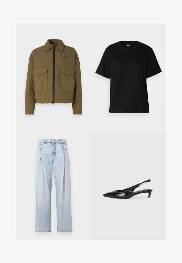 Giacca cropped verde oliva realizzata in materiale leggero, con zip frontale, due tasche sul petto e colletto a punta.; Maglietta in cotone nera con scollatura tonda, maniche corte e logo ricamato sul petto. Design semplice e vestibilità rilassata senza motivi.; Jeans in denim azzurro chiaro con vita alta, taglio a gamba larga, due tasche laterali e design plissettato. Texture morbida con una finitura sbiadita.; Tacchi slingback in pelle nera con punta affusolata, caratterizzati da un tacco alto e un accento dorato sulla cinghia regolabile. Texture liscia.