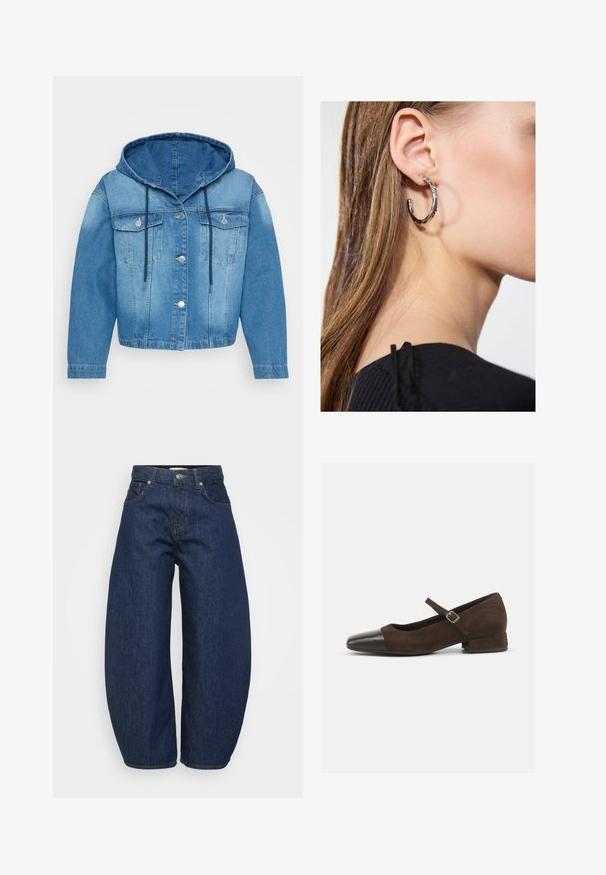 Jeans jakna s kapuco v različnih odtenkih modre barve. Ima gumbe spredaj, dva žepa na prsih in zategovalne vrvice na kapuci.; Mornarško modri cropped pulover, izdelan iz mehke pletenine. Ima okrogel izrez in dolge rokave z rebrastimi manšetami. Preprost, eleganten dizajn.; Temno modre jeans hlače iz jeansa z širokim, sproščenim krojem. Imajo zadrgo, štiri žepe in kontrastne šive ob šivih.; Rjava semiš Mary Jane čevlja s črnimi patentiranimi usnjenimi konicami, nastavljivim trakom in nizko blok peto. Gladka tekstura z minimalnimi akcenti.; Srebrna obročasta uhana s polirano površino, ki vključuje majhne zlate poudarke in okroglo obliko, nošena na ušesnem lobu.