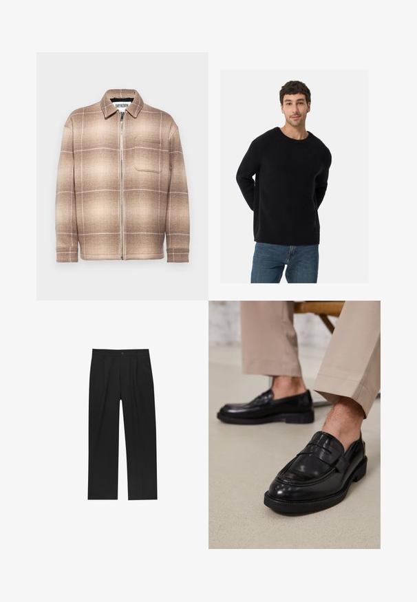 Brun og beige ternet lynlåsjakke med krave, frontlomme og tekstureret stof med et subtilt mønster.; Sort ribbet sweater med rund halsudskæring og afslappet pasform. Blød tekstur, lange ærmer, parret med blå jeans.; Sorte bukser med lige ben, lavet af et glat stof. Har frontfolder og en enkelt knaplukning i taljen.; Sorte lædermokkasiner med en glat overflade, der har en dekorativ rem og kontraststing, parret med beige bukser.
