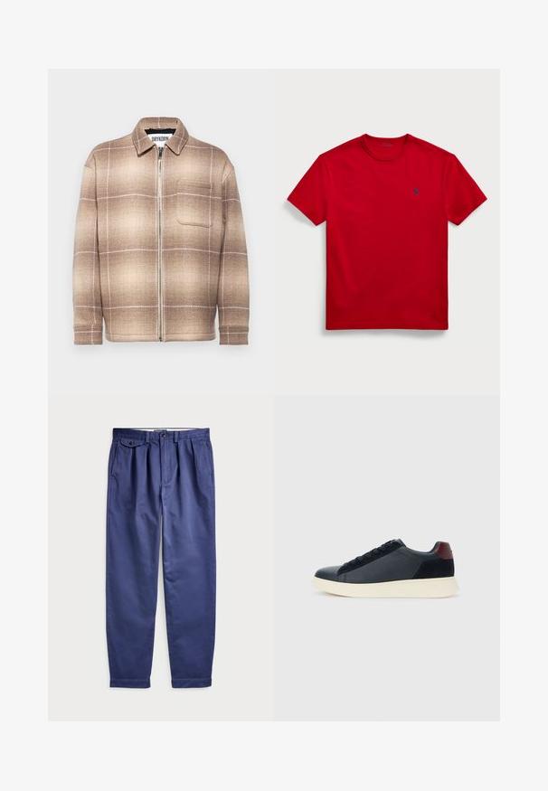 Brun og beige rutete zip-up jakke med krage, frontlomme og teksturert stoff med et subtilt mønster.; Rød bomulls t-skjorte med rund hals, korte ermer og en liten blå brodert logo på venstre bryst. Flat, glatt tekstur.; Marineblå bomullsbukser med løs passform, med folder foran, to sidelommer og knappefeste i midjen.; Lave herresko i sort læder og ruskind med maroon hælflap og hvid gummisål, set fra ydersiden.