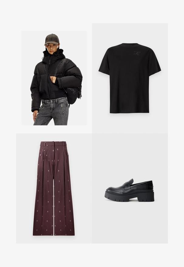 Črna podložena jakna z visokim ovratnikom, zadrgo in elastičnimi manšetami; v kombinaciji s sivo denim hlačami in teksturirano črno nahrbtnikom.; Črna bombažna majica, krojena s krožnim izrezom, kratkimi rokavi, z majhnim, toniranim logotipom na zgornji levici. Gladka tekstura.; Bordo široke hlače z navpičnimi belimi črtami in subtilnimi vezenimi detajli. Imajo gube in gladek pas.; Črne masivne platformne loferice z gladkim usnjem, dekorativnim trakom in debelim teksturiranim podplatom na belem ozadju.