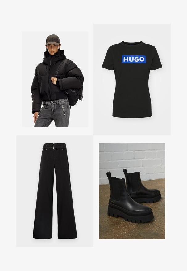 Black padded jacket with a high collar, zip closure, and elastic cuffs; paired with gray denim pants and a textured black backpack.; Black short-sleeve t-shirt made of cotton, featuring a large blue rectangular graphic with the word "HUGO" in white bold letters.; Black wide-leg trousers made from cotton, featuring a high waist, large side pockets, and a belted waist with silver hardware accents.; Black leather ankle boots with elastic side panels, thick black platform soles, and stitching details, featuring a pull tab for easy wear.