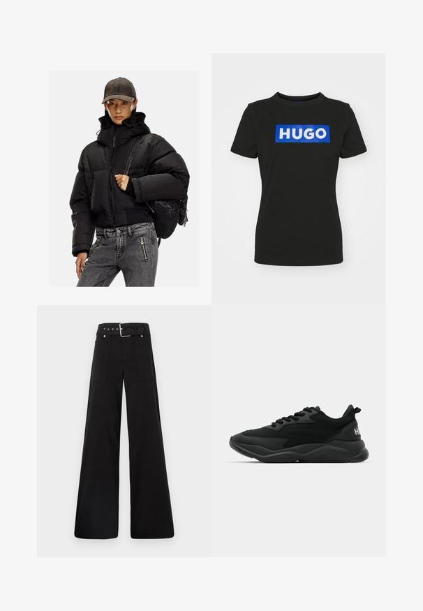 Zwarte gewatteerde jas met een hoge kraag, ritssluiting en elastische manchetten; gecombineerd met grijze denim broek en een gestructureerde zwarte rugzak.; Zwarte t-shirt met korte mouwen van katoen, met een grote blauwe rechthoekige grafiek waarop het woord "HUGO" in witte vette letters staat.; Zwarte wijde broek van katoen, met een hoge taille, grote zijzakken en een ceintuur met zilverkleurige accenten.; Zwarte sportieve sneakers met een textuur bovenkant, vetersluiting, gevoerde zool en een merkaccent op de hiel.