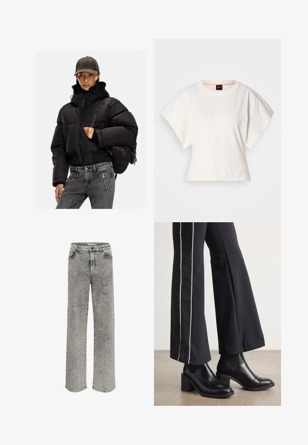 Črna podložena jakna z visokim ovratnikom, zadrgo in elastičnimi manšetami; v kombinaciji s sivo denim hlačami in teksturirano črno nahrbtnikom.; Bela skrajšana majica s kratkimi širokimi rokavi, mehka bombažna tkanina, okrogla ovratnica z diskretnim oranžnim robom, minimalističen dizajn, brez vzorcev ali grafike.; Sive jeans s straight cut, okrašeni s srebrnimi bleščicami. Imajo klasičen pet-pokotna slog in gumbasto zapiranje.; Črne usnjene gležnjarje s blok peto, z elastičnimi stranskimi paneli. Kombinirane s črnimi hlačami, ki imajo bele stranske črte.