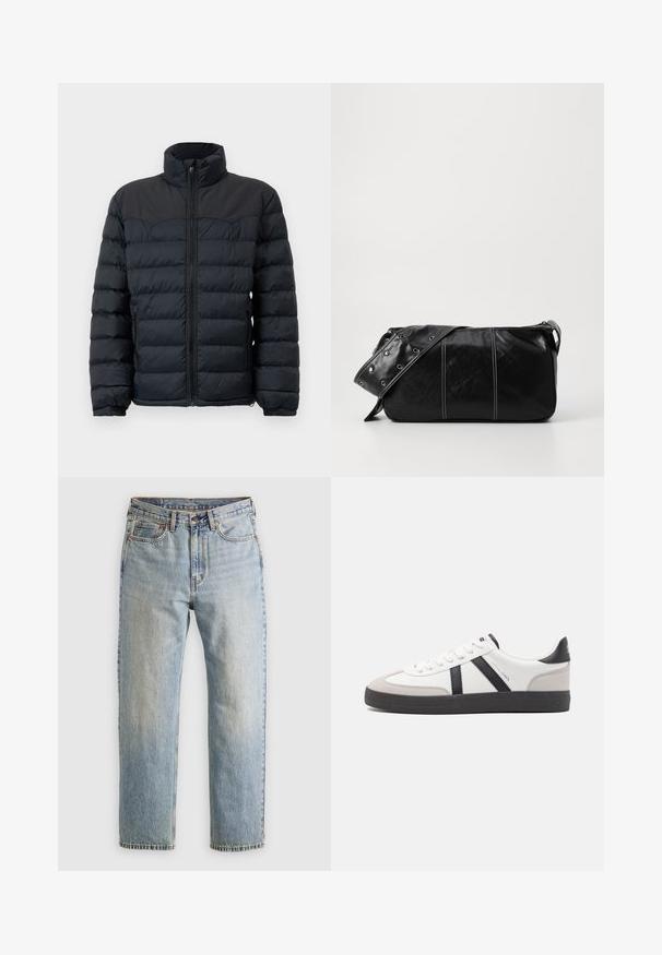 Giacca a vento nera con collo alto, cuciture orizzontali, chiusura frontale con zip e polsini elasticizzati. Design in tessuto liscio e isolato.; Pullover sweater beige con zip a un quarto in morbido tessuto a maglia. Presenta colletto e polsini a coste, con una vestibilità rilassata e un design senza cuciture.; Jeans in denim azzurro chiaro con vita alta, bottone anteriore, cerniera e design a cinque tasche, adagiati su uno sfondo neutro.; Sneaker bianco con accenti neri e grigi, dotata di una punta grigia testurizzata, suola in gomma nera e lacci bianchi piatti. Design pulito, stile minimalista.; Borsa a spalla in pelle nera con chiusura a zip, caratterizzata da un corpo testurizzato, cuciture bianche e una tracolla con occhielli in argento.