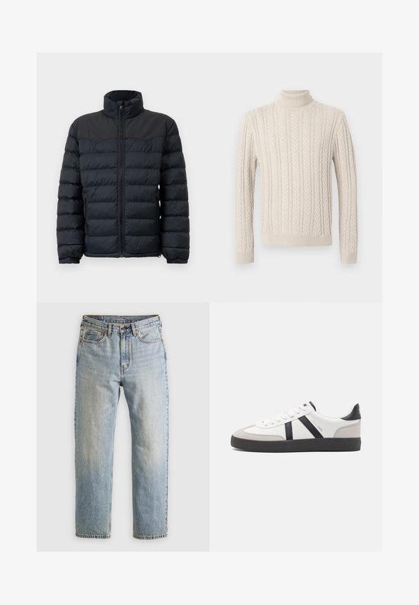 Mustat puhallettavat takki korkealla kauluksella, vaakasuoralla ompeleella, etuvetoketjulla ja joustavilla hihoilla. Liukas, eristetty kangasmateriaali.; Beige, neulepaita, jossa on korkea, ribattu poolokaulus. Sen pinnassa on teksturoitu nuppineulesuunnittelu ja ribatut hihansuut sekä helma, mikä luo kotoisan ilmeen.; Vaaleansininen farkut, joissa on korkea vyötärö, etunappi, vetoketju ja viisi taskua, asetettu tasaisesti neutraalille taustalle.; Valkoiset lenkkarit mustilla ja harmailla yksityiskohdilla, joissa on teksturoitu harmaa kärki, musta kumipohja ja litteät valkoiset nauhat. Siisti muotoilu, minimalistinen tyyli.