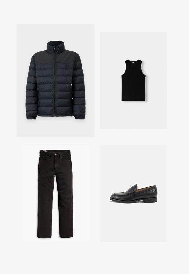 Schwarze Daunenjacke mit hohem Kragen, horizontalen Nähten, frontalem Reißverschluss und elastischen Bündchen. Glattes, isoliertes Stoffdesign.; Schwarzes Tanktop mit Rundhalsausschnitt und breiten Schulterträgern. Aus weichem Stoff gefertigt, mit glatter Textur und schlichtem Design.; Schwarze Jeans aus Denim mit geradem Bein, ausgestattet mit einem Reißverschluss, vorderen Taschen und einem klassischen Fünf-Taschen-Design. Weiche, robuste Textur.; Schwarze Leder Slipper mit glatter Oberfläche, runder Spitze und dekorativer Naht auf dem Vorderblatt. Niedriger Blockabsatz und leichter Glanz.