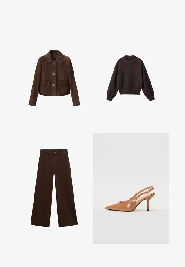 Giacca in suede marrone con colletto, chiusura a bottoni e due tasche sul petto. Presenta un design corto e una texture liscia.; Maglione a maglia marrone con scollo rotondo, spalle scese e polsini a costine. Texture morbida, design corto e vestibilità ampia.; Pantaloni larghi marroni in misto cotone, caratterizzati da orlo sfrangiato, chiusura frontale con bottone e classico design a cinque tasche. Minimalisti e versatili.; Tacco slingback a punta affusolata in un materiale tan liscio e lucido. Presenta un design con ritaglio curvo e un sottile tacco a stiletto. Dettaglio con fibbia argentata.