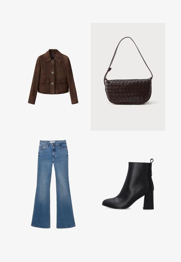 Bruine suède jas met een kraag, knopen aan de voorkant en twee borstzakken. Kenmerkt zich door een cropped ontwerp en een gladde textuur.; Lichtbruin lange mouwen V-hals trui met een eenvoudige gebreide textuur en een klein merklabel bij de halslijn.; Blauwe denim flared jeans met voor- en achterkantzakken, riemlussen en knoopsluiting, plat gelegd op een witte achtergrond.; Zwarte leren enkellaars met een gladde textuur, ronde neus en een blokhak. Voorzien van een lussenaan de achterkant voor gemakkelijk aan- en uittrekken.; Geweven leren schoudertas in donkerbruin met een gebogen vorm, verstelbare schouderband en een gladde afwerking. Compact ontwerp zonder zichtbare hardware.