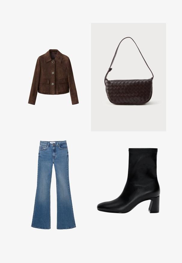 Bruine suède jas met een kraag, knopen aan de voorkant en twee borstzakken. Kenmerkt zich door een cropped ontwerp en een gladde textuur.; Lichtbruin lange mouwen V-hals trui met een eenvoudige gebreide textuur en een klein merklabel bij de halslijn.; Blauwe denim flared jeans met voor- en achterkantzakken, riemlussen en knoopsluiting, plat gelegd op een witte achtergrond.; Zwarte enkellaars van soepel leer. Heeft een vierkante neus, een elastische bovenkant en een chunky hak voor stabiliteit. Minimalistisch ontwerp.; Geweven leren schoudertas in donkerbruin met een gebogen vorm, verstelbare schouderband en een gladde afwerking. Compact ontwerp zonder zichtbare hardware.