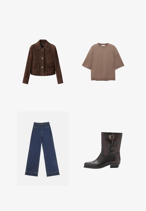 Ruskea mokkanahkainen takki, jossa on kaulus, nappiviritys edessä ja kaksi rintataskua. Takissa on lyhyt malli ja sileä pinta.; Ruskea ylisuurikokoinen t-paita, lyhyet hihat, pyöreä pääntie, valmistettu pehmeästä puuvillakankaasta, yksinkertainen muotoilu ja minimimäärä saumoja.; Vyötäröltä leveät farkut tummansinisestä denimmateriaalista. Varustettu viidellä taskulla, vyölenkeillä ja näkyvillä sauman yksityiskohdilla. Raaka helma alareunassa.; Mustat nahkaiset nilkkurit, joissa on pyöreä varvas, matala lohko korko, sivussa elastinen paneeli ja kultainen solki nilkkahihnassa.