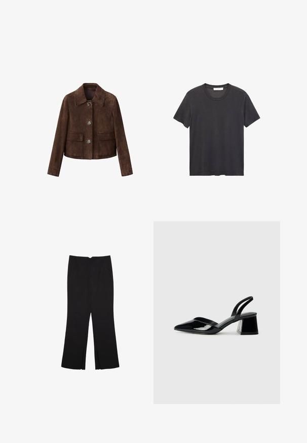 Giacca in suede marrone con colletto, chiusura a bottoni e due tasche sul petto. Presenta un design corto e una texture liscia.; T-shirt nera a girocollo realizzata in cotone morbido. Maniche corte, vestibilità rilassata e orlo dritto senza decorazioni né motivi.; Pantaloni neri a gamba dritta, con tasche frontali e spacchi laterali all'orlo. Realizzati in tessuto morbido e liscio. Adatti a diverse occasioni.; Décolleté in vernice nera con punta affusolata e tacco in geometria cubica. Presentano un design elegante e minimalista, con una texture liscia.