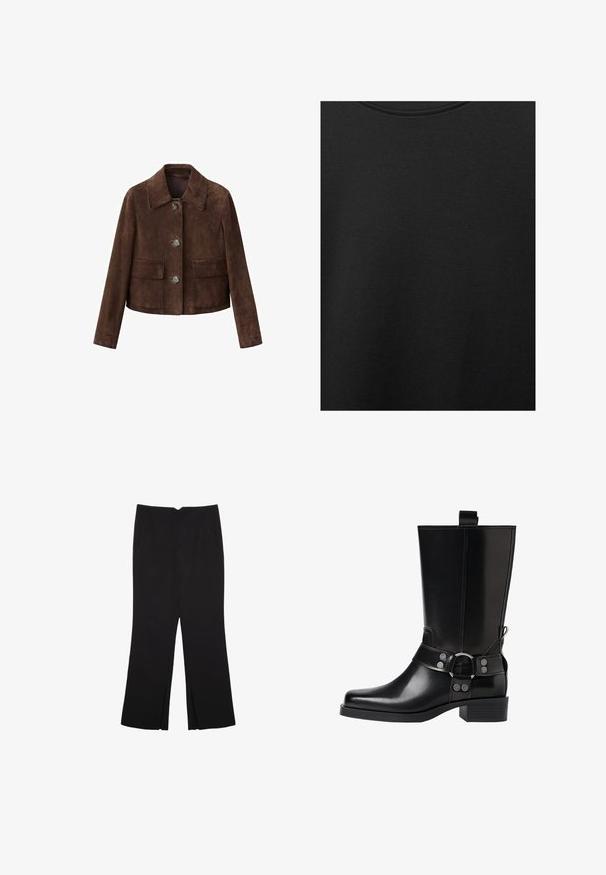 Brun ruskindjakke med krave, knaplukning foran og to brystlommer. Har et cropped design og en glat tekstur.; Sort bomuldsstof med glat struktur og rund halsudskæring, prydet med et subtilt, jævnt kornmønster. Ingen synlige logoer eller accenter.; Sorte bukser med lige pasform, der har frontlommer og slidser i kanten. Lavet af blødt, glat stof. Velegnet til forskellige anledninger.; Sort læderknæhøj støvle med spids tå, sølv spænde detaljer og en robust hæl. Har en trækflap for nem påtagning.