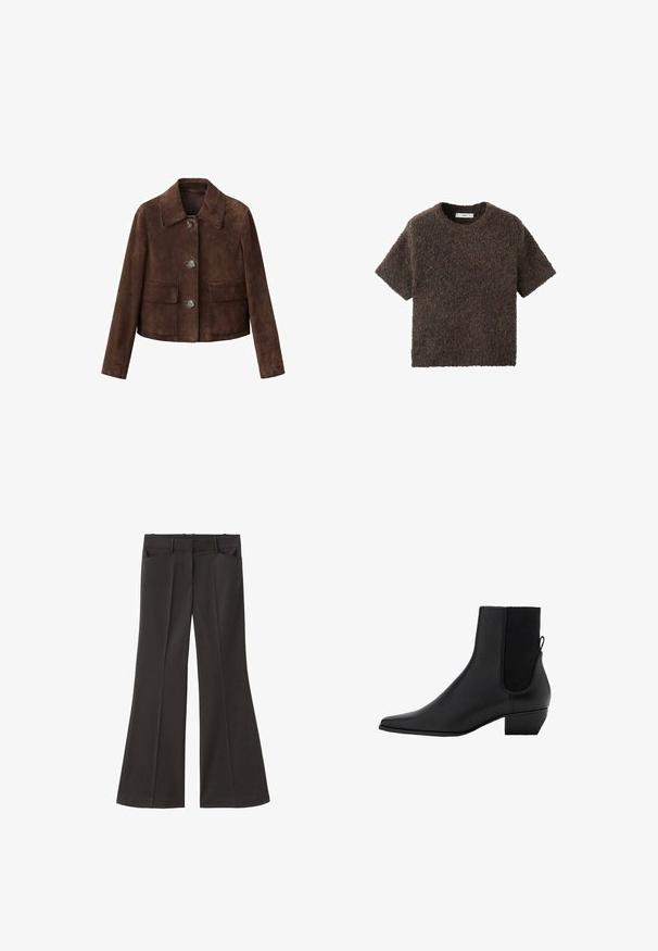 Brun ruskindjakke med krave, knaplukning foran og to brystlommer. Har et cropped design og en glat tekstur.; Kortærmet bluse med rund hals i et fluffy, tekstureret materiale. Farven er mørkebrun med subtile variationer. Enkel, lige skåret design.; Sorte flagrende bukser med høj talje; har to forlommer og en glat stofstruktur. Egnet til forskellige anledninger.; Sort ankelstøvle lavet af glat læder med spids tå, elastiske sidestykker og en lav blokhæl. Minimalistisk design uden synligt hardware.