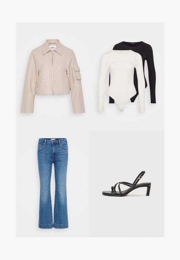 Bež jakna skraćena uz vrat, s prednjim zatvaračem i dva džepa sa zatvaračem. Tkanina ima mekanu teksturu; ima zlatne metalne detalje.; Dva bodija dugih rukava u bijeloj i crnoj boji. Napravljen od glatkog materijala, s okruglim dekolteom i gaćicama za izazovno nošenje.; Plave traperice s raširanim nogavicama i visokim strukom, suptilnim oznakama na prednji strani, dizajnom s pet džepova i kontrastnim šavovima.; Crne sandale s trakama, kvadratnim prstom i niskom blok petom. Ima više tankih trakica i podesivu trakicu oko gležnja. Izrađene su od glatke kože.