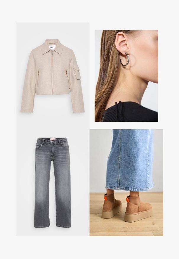 Bežna skrajšana jakna s ovratnikom, sprednjim zadrgo in dvema žepoma z zadrgo. Tkanina ima mehak teksturo; vsebuje zlate kovinske dodatke.; Even&Odd Petite 2 PACK - Top - light grey/black; Sivi traper hlače s ravnim krojem, pet žepov, rahlo zbledelo in z gumbom za zapiranje pri pasu.; Rjave suede platform čizme z elastičnimi stranskimi paneli in oranžnimi zankami, v kombinaciji s svetlobno denim krilom do kolen na lesenem tleh.; Srebrna obročasta uhana s polirano površino, ki vključuje majhne zlate poudarke in okroglo obliko, nošena na ušesnem lobu.