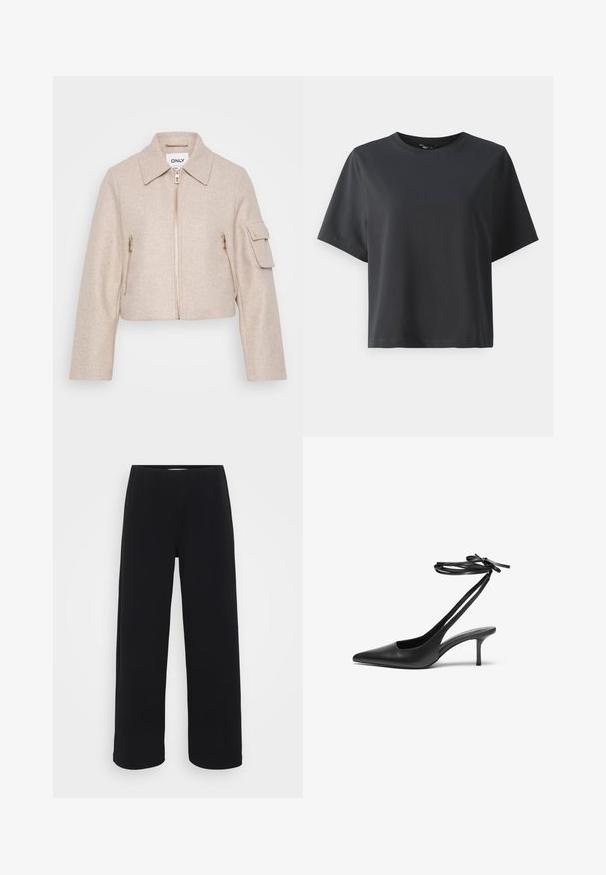 Beige cropped jacket with a collar, front zip closure, and two zippered pockets. Fabric has a soft texture; features gold hardware accents.; Black cotton t-shirt, short sleeves, crew neck, relaxed fit, smooth texture, simple design, no patterns or accents.; Black wide-leg pants with an elastic waistband. Made from a textured material, featuring a loose fit and straight cut from hips to hem.; Black leather stiletto shoe with a pointed toe, open back, and ankle straps tied in a bow. Slim 3-inch heel. Smooth texture, minimalist design.