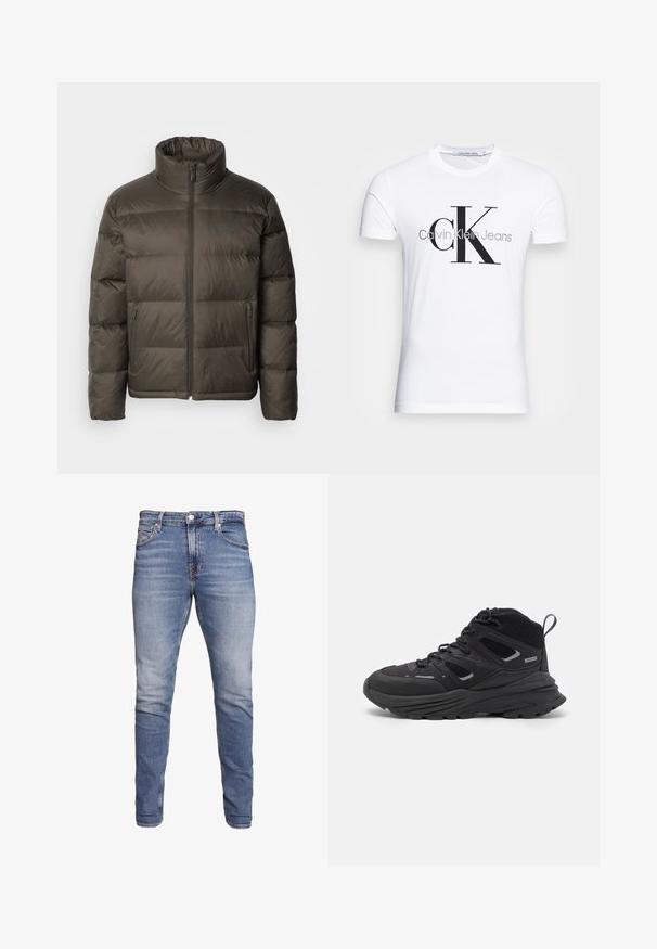 Mørk olivengrønn boblejakke med høy krage, glidelås foran og sydde seksjoner. Har sidelommer og et merketag på brystet.; Hvit bomull T-skjorte med svart "CK" logo og "Calvin Klein Jeans" tekst, korte ermer og klassisk rund hals.; Blå tettsittende jeans med fem lommer, falmet vask, knappelukking og beltehemper, vist mot en hvit bakgrunn.; Sorte tursko med en lagdelt design, teksturert stoff og gummisåle, med forsterkede områder og snøring foran.