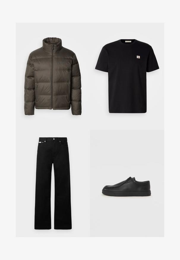 Donker olijfgroene pufferjack met een hoge kraag, ritssluiting aan de voorkant en gestikte delen. Bevat zijzakken en een merklabel op de borst.; Zwart katoenen T-shirt met korte mouwen, ronde hals en een klein geborduurd logo op de linker borst. Soepele textuur, normale pasvorm.; Zwarte spijkerbroek met een wijd uitlopende pasvorm, voorzien van vijf zakken en metallic knopen. Gladde textuur, geen zichtbare patronen.; Zwarte leren instapschoen met een ronde neus, gestikte details en een zwarte rubberen zool. Soepele textuur met een minimalistisch ontwerp.