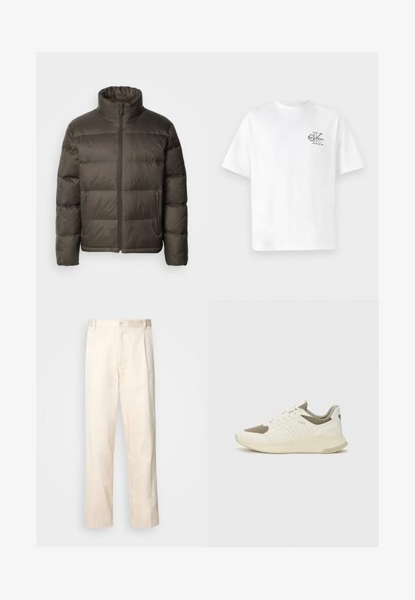 Tamsiai alyvuogių spalvos pūkinis džemperis su aukštu apykakle, užtrauktuku priekyje ir siuvinėtomis sekcijomis. Yra šoninės kišenės ir prekės ženklas ant krūtinės.; Balta medvilninė marškinėliai su trumpomis rankovėmis, apvalia kaklo iškirpte, kairėje krūtinės pusėje esantis juodas CK logotipas, standartinio kirpimo, lygus paviršius.; Bežinės medvilninės kelnės su tiesiu kirpimu, turinčios mygtuko uždarymą ir priekyje raukšles papildomai dekoratyviam akcentui.; Baltas ir šviesiai bežinis sportinis kedas, su tinklo viršumi, perforuotais detalėmis ir tekstūruotu tarpine su logotipu ant kulno.