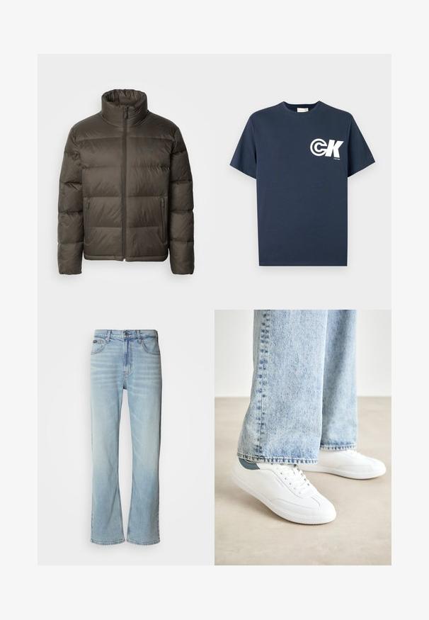 Dunkelolivgrüne Pufferjacke mit hohem Kragen, Reißverschluss vorne und gesteppten Bereichen. Verfügt über Seitentaschen und ein Markenetikett auf der Brust.; Marineblaues T-Shirt mit kurzen Ärmeln, Rundhalsausschnitt, weißem CK-Logo und "Calvin Klein"-Schriftzug auf der linken Brust.; Hellblaue Jeans aus Denim mit geradem Bein, ausgestattet mit fünf Taschen, einem Knopfverschluss und subtilen Verwaschungen im Stoff.; Weiße Sneaker aus glattem Material, mit Schnürdesign, strukturiertem Gummisohle und einem türkisfarbenen Akzent an der Ferse, kombiniert mit hellblauen Jeans.