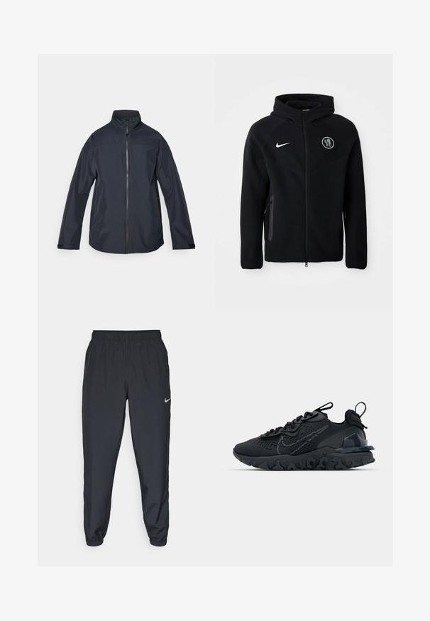 Ciemnoniebieska wodoodporna kurtka z wysokim kołnierzem, pełnym zapięciem na suwak, długimi rękawami i elastycznymi mankietami. Gładki, lekki materiał o minimalistycznym designie.; Czarna bluza z kapturem na zamek, wykonana z miękkiego materiału, z białym logo Nike na klatce piersiowej oraz emblematem klubu. Posiada boczne kieszenie i kaptur.; Czarna koszulka z gładkiej tkaniny, z okrągłym dekoltem i krótkimi rękawami. Dyskretne logo wydrukowane na czerni na klatce piersiowej.; Czarne spodnie dresowe wykonane z lekkiego materiału, z elastycznym paskiem w talii, ściągaczami na kostkach oraz dyskretnym logo Nike po lewej stronie.; Czarne sportowe buty z przewiewną siateczką na cholewce, teksturowanymi akcentami i falistą gumową podeszwą. Zawierają odblaskowe logo oraz system sznurowania.