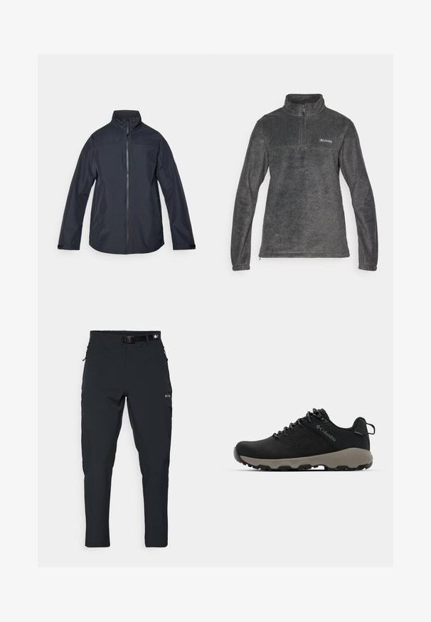 Mörk marinblå vattentät jacka med hög krage, hel dragkedja, långa ärmar och elastiska manschetter. Slätt, lättviktigt tyg med minimal design.; Grå fleecepolo med hög krage, halvviddsdragkedja framtill och långa ärmar; har en liten logga på bröstet och en mjuk textur.; Columbia ESSENTIAL HIKE™ PANT - Friluftsbyxor - black; Svart vandringsskor med en slät överdel, perforerat mönster, grå sula och förstärkt häl. Har snörning och en dragflik för enkel påtagning.