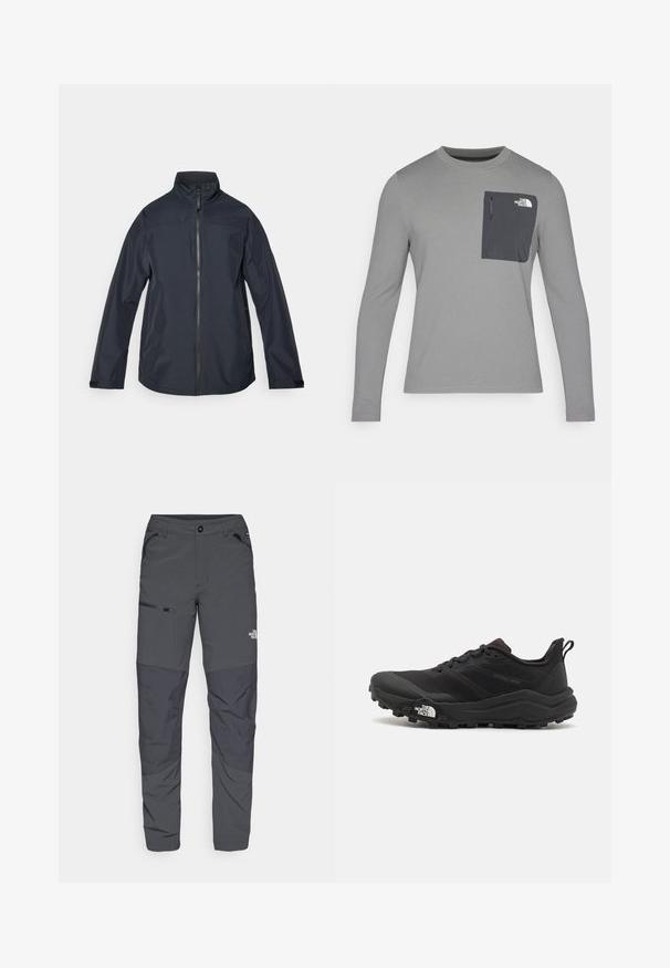 Dunkelblau wasserdichte Jacke mit hohem Kragen, vollem Frontreißverschluss, langen Ärmeln und elastischen Bündchen. Glattes, leichtes Material mit minimalistischem Design.; Langärmliges graues Shirt aus strukturiertem Stoff, mit einer dunkelgrauen Brusttasche und einem Reißverschluss. Logo in Weiß auf der Tasche.; Graue Outdoor-Hosen mit glatter Textur, ausgestattet mit einer seitlichen Reißverschlusstasche, verstärkten Kniepartien und einem dezenten Logo-Detail.; Schwarzer Trailrunning-Schuh mit strukturiertem Obermaterial, Gummisohle und verstärkter Zehenkappe. Verfügt über einen gepolsterten Kragen und eine Ziehlasche für einfaches Anziehen.