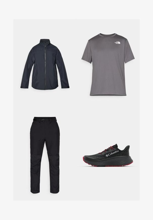 Tamno plava vodootporna jakna s visokim ovratnikom, punim prednjim zatvaračem, dugim rukavima i elastičnim manžetama. Glatka, lagana tkanina s minimalnim dizajnom.; Sivi kratki rukav sportski majica izrađena od glatkog, laganog materijala. Sadrži bijeli logo na lijevoj strani prsnog dijela. Dizajn s okruglim izrezom.; Crne hlače od izdržljive tkanine ravnog kroja. Sadržavaju pojas s remenom i teksturirane detalje na donjim dijelovima nogu.; Crne sportske cipele s teksturiranim gornjim dijelom, crvenim vezicama i logom. Debeli đon s uzorkom za prianjanje. Minimalistički dizajn, bočni prikaz.