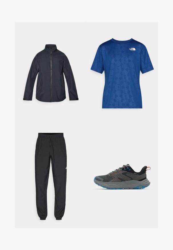 Tumedat meriinavärvi veekindel jakk kõrge kraega, täispikk eesmine tõmblukk, pikad varrukad ja elastsed mansetid. Sile, kerge kangas minimaalsete disainielementidega.; Sinine lühikeste varrukatega särk tekstureeritud geomeetrilise mustriga ja valge logoga vasakul ülal. Valmistatud kergest ja hingavast materjalist.; Mustavad sportlikud püksid, mis on valmistatud kergest kangast, joonlauaga taljest, küljetaskudega ja kitsenevate varrukatega pahkluude juures.; Hallitus hallid spordijalatsid, millel on võrkmaterjal ja nahk, sinine tald, oranži ja sinise aktsendiga ning tekstureeritud vahepealne osa, millel on Vibram logo.