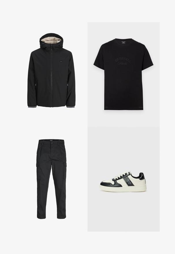 Black insulated jacket with a fuzzy cream lining, adjustable hood, front zipper, and side pockets. Features elastic cuffs with striped accents.; Black cotton t-shirt with short sleeves and a round neckline. Features "ORIGINALS Studio" embossed in tonal lettering on the front.; Black cargo pants made of sturdy fabric, featuring multiple pockets, a button closure, and a slim fit design with tapered legs.; Leather sneakers with a black and cream color scheme, featuring perforated accents, a padded collar, and a textured outsole.