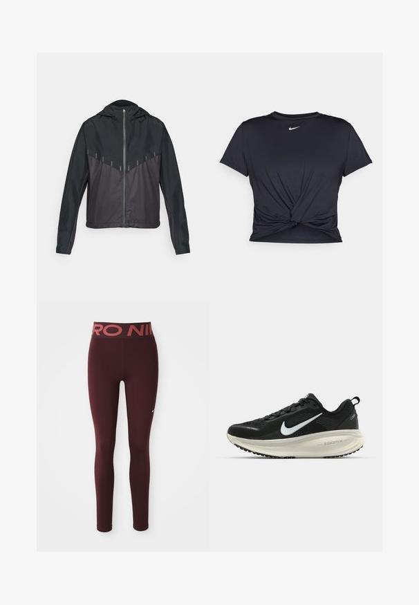 Černá bunda s kapucí, s předním zipem, kontrastní matnou a lesklou tkaninou, šikmými švy a reflexními akcenty na ramenech.; Černé sportovní tričko vyrobené z hladkého materiálu, s uzlovým designem vpředu a malým bílým logem Nike na hrudi.; Bordové sportovní legíny s vysokým pasem a červeným logem. Vyrobené z hladkého, elastického materiálu s přiléhavým střihem.; Černá běžecká obuv Nike s prodyšným síťovaným svrškem, bílým logem swoosh, texturovanými detaily a krémovou mezipodešví ZoomX.