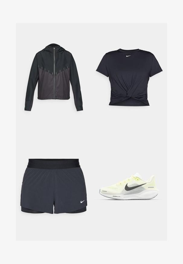 Black jacket with a hood, featuring a zip front, contrasting matte and glossy fabric, angled seams, and reflective accents on shoulders.; Black athletic t-shirt made of smooth fabric, featuring a knotted front design and a small white Nike logo on the chest.; Black athletic shorts with an elastic waistband, featuring a layered design and a small white Nike logo on the lower left. Lightweight material.; Nike running shoes with a light yellow and white mesh upper, grey accents, and a flexible rubber sole. Features a lace-up closure.