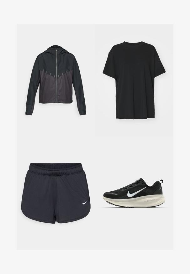 Svart jakke med hette, med glidelås foran, kontrasterende matt og blankt stoff, skrå sømmer og reflekterende detaljer på skuldrene.; Svart t-skjorte med korte ermer laget av glatt stoff, med rund hals og løs passform. Har sideslisser for ekstra komfort og pusteevne.; Svarte treningsshorts laget av lett, pustende stoff. Har elastisk linning og hvit Nike-logo nederst til høyre.; Svart Nike løpesko med pustende mesh-overdel, hvit swoosh-logo, teksturert detaljer og en kremfarget ZoomX mellomsåle.